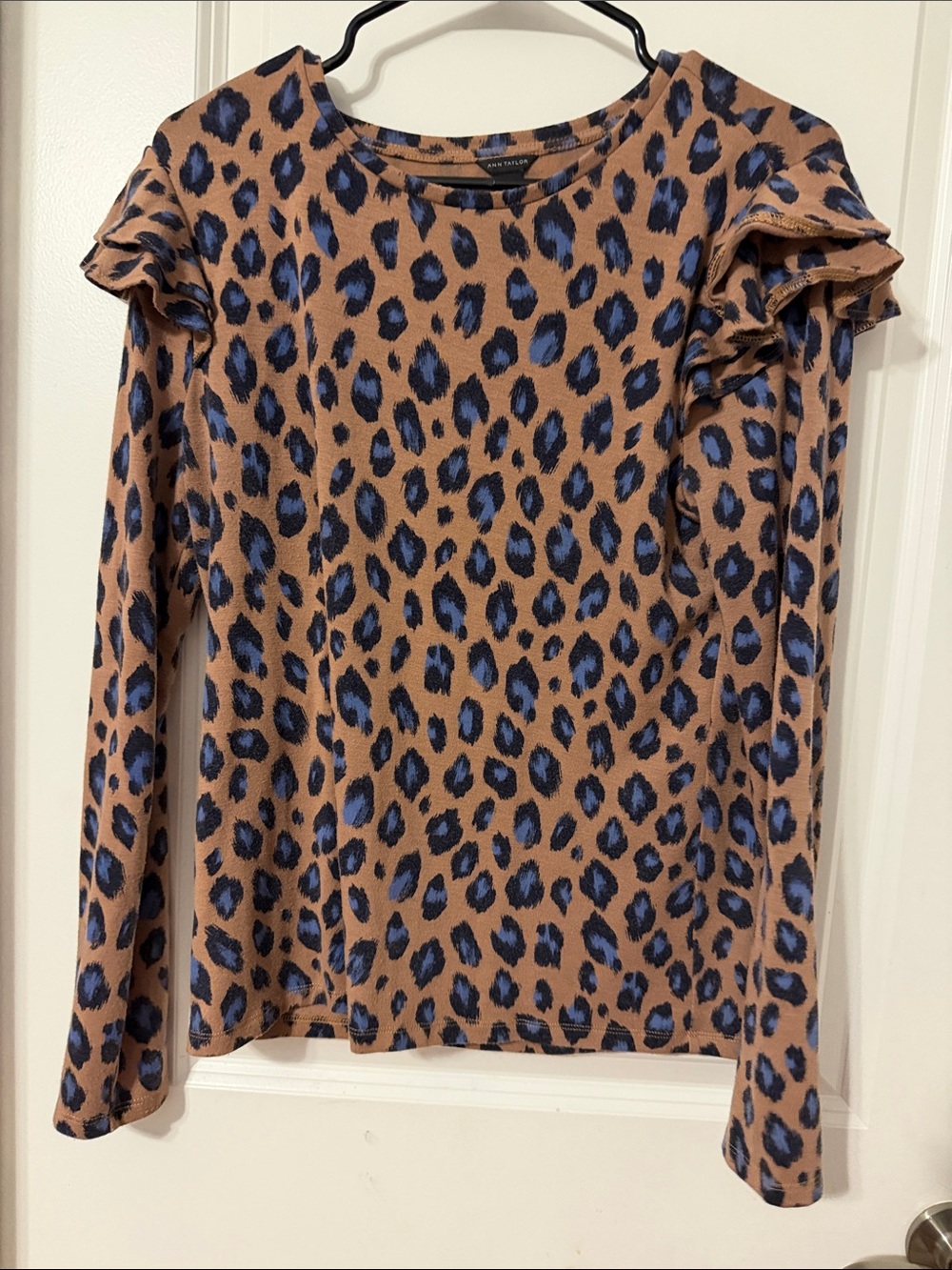 Ann Taylor Brown Leopard Print Long Sleeve Top with Blue Spots